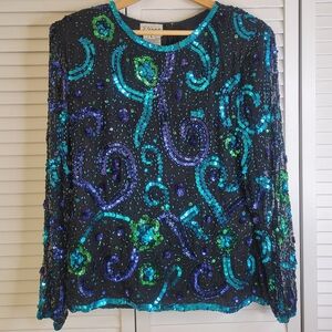 Sténay Vintage 100% Silk Sequins Beaded Pullover Long Sleeve Top Large